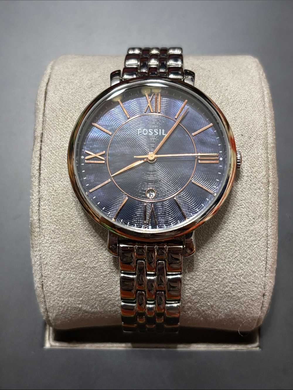 Fossil Silver Bracelet Watch with Blue Dial and Rose Gold Accents